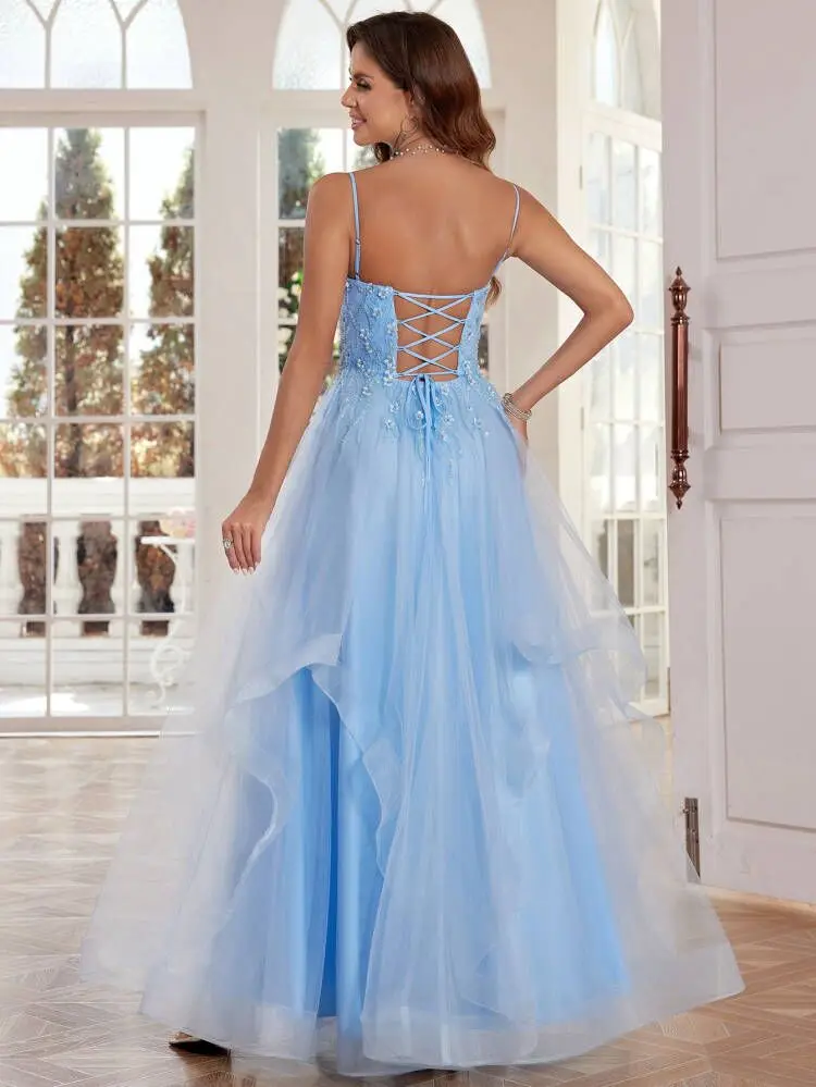 Tulle Prom Dresses For Teens V Neck Appliques Asymmetric Spaghetti Straps Ball Gown Beaded Evening Gowns For Women Formal