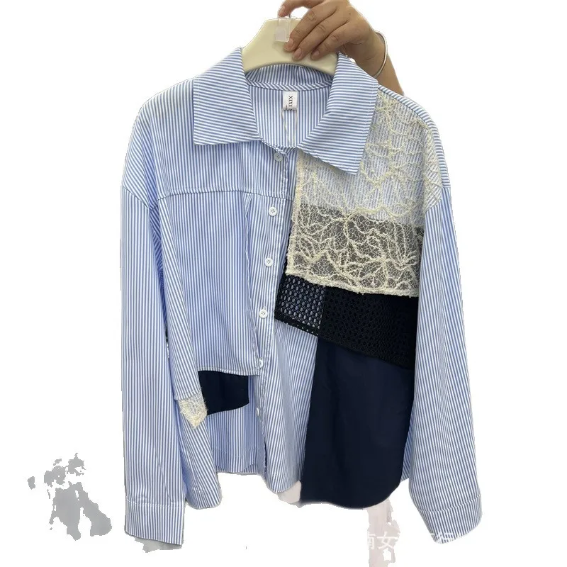2026 New Autumn Contrast Color Blue Stripes Female Blouses Elegant Lace Splicing Single-breasted Full Sleeve Loose Cardigans Top