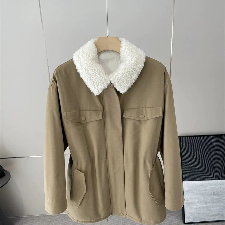Pure Cotton Coat with Waist-Cinching Design And Fur Collar in Diagonal Stripe Pattern Only One Batch Available