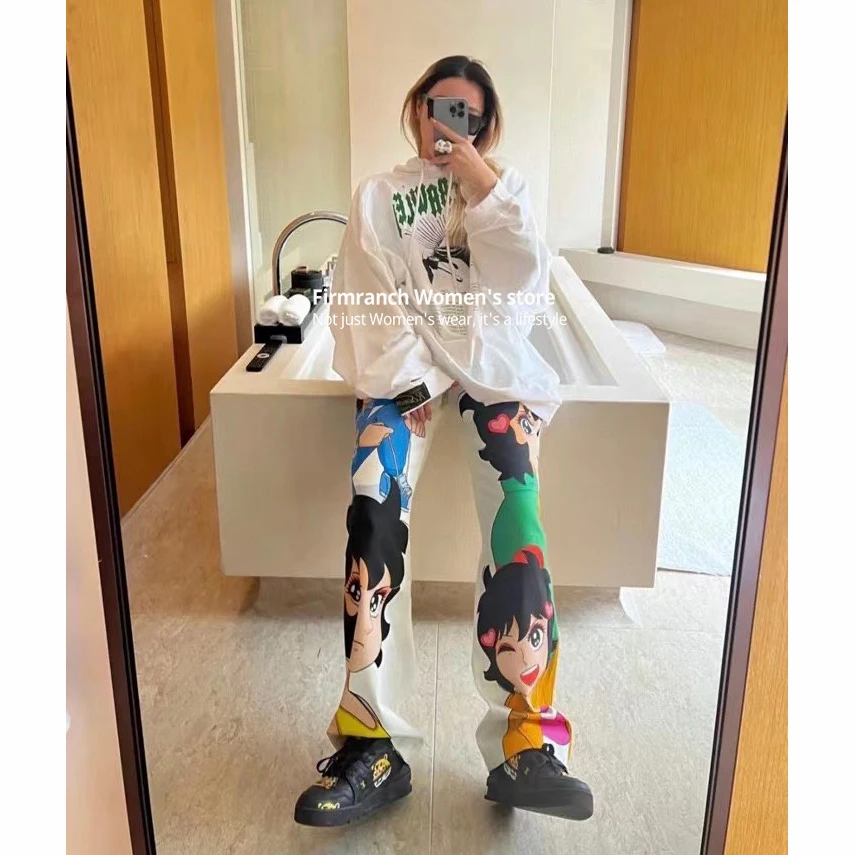 Firmranch Jennie Clothes Women 2023 Trend Spring Summer Astro Boy Cartoon Printed Casual Pants White Skinny Trousers VS Top Set