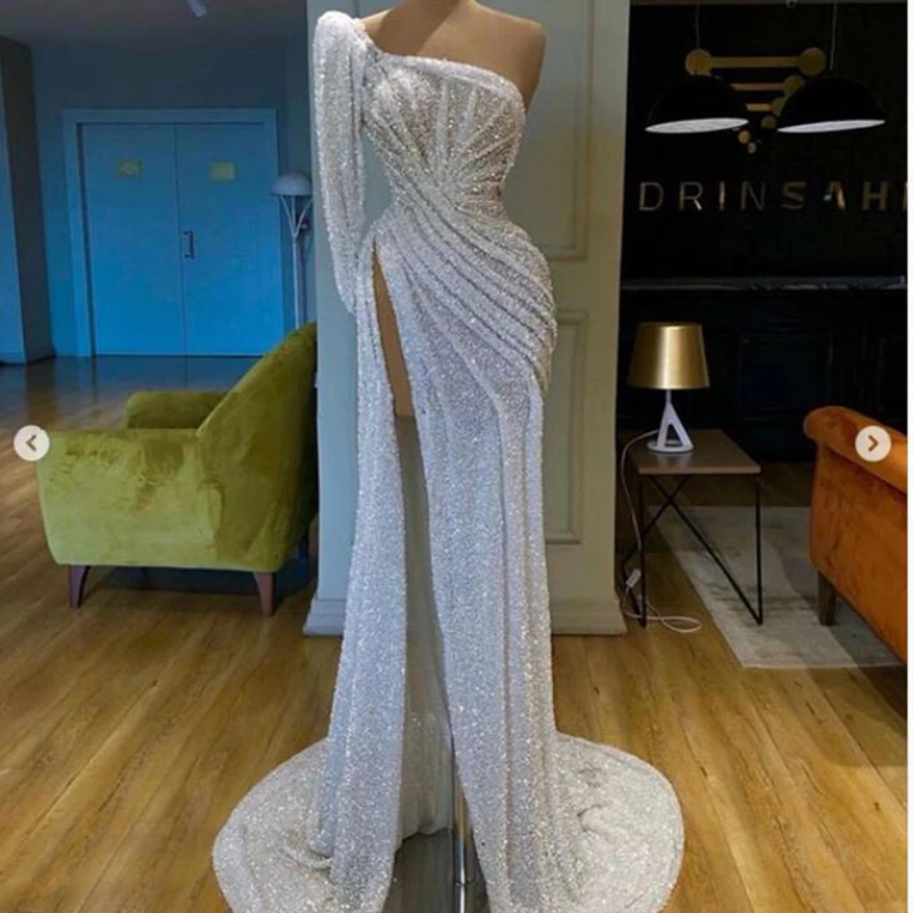 Exquisite Prom Dresses Sexy Sparkle Sequined Mermaid Crystal High Side Split Slim Fit Elegant Evening Party Banquet Gowns