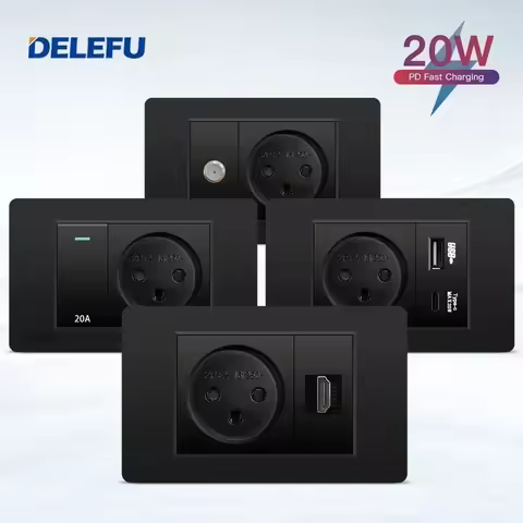 DELEFU Black Retardant PC Israel USB Type C Fast Charging Wall Socket Light Tuya Wifi Smart Switch Sat TV Tel Doorbell Curtain