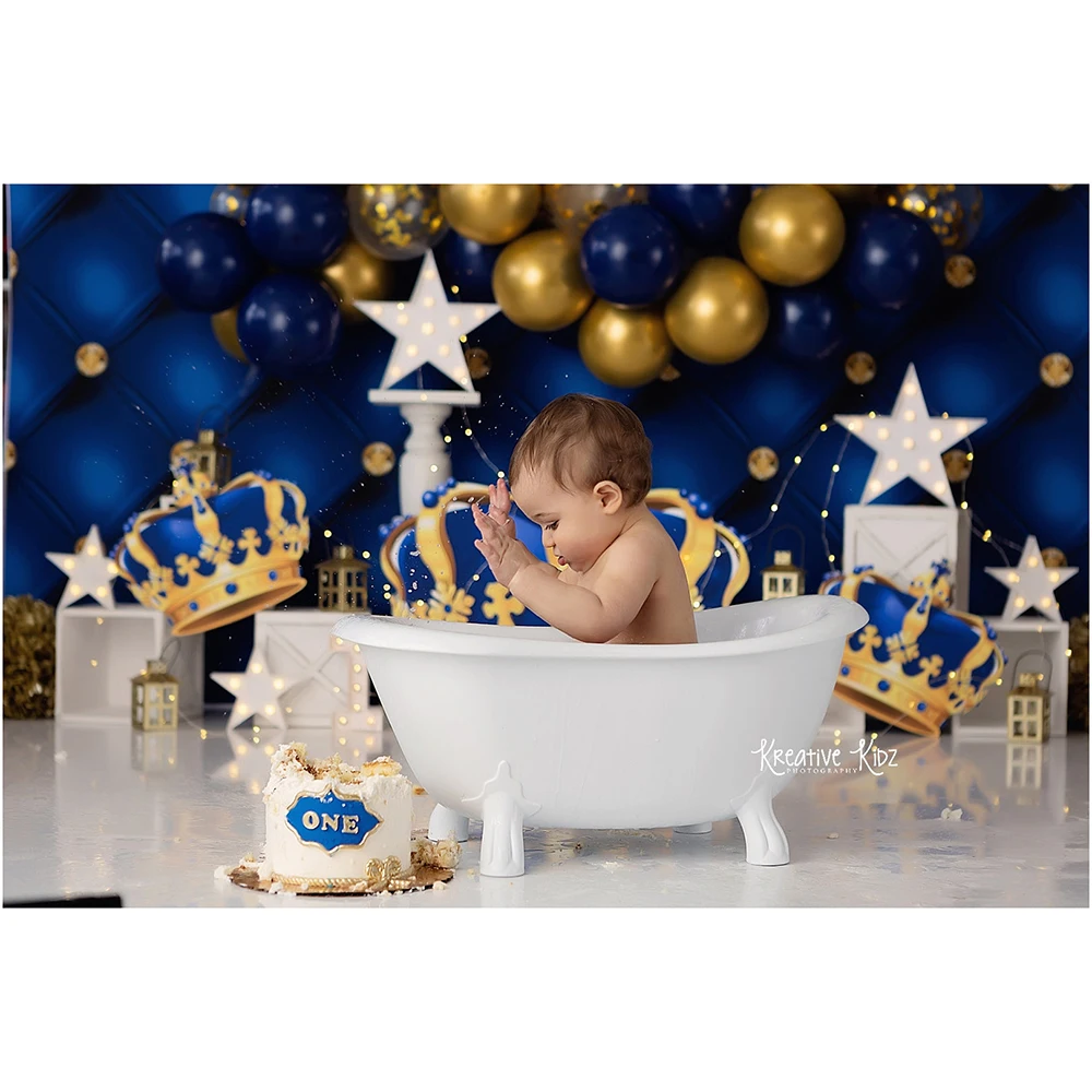 Royal King Blue Balloon Photo Background Golden Crown Boy Baby Shower Birthday Photography Backdrop Cake Smash Photo Studio Prop