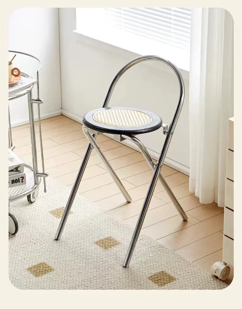 2025 New Light Luxury Rattan Retro Log Dining Chair Simple Nordic Style Backrest Folding Home Stool Cafe Chair