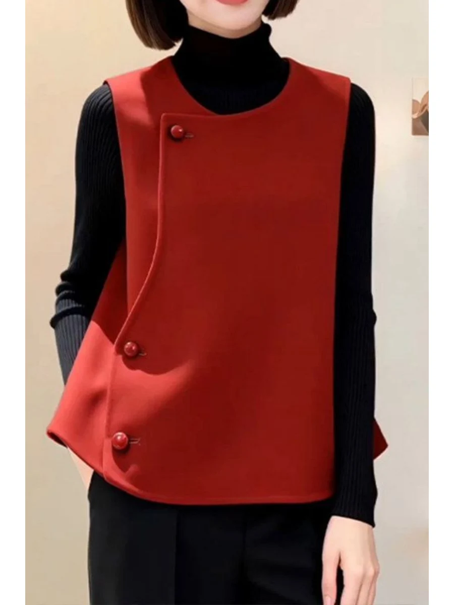 New Chinese Style Elegant Wine Red Woolen Vest Women's Loose Sleeveless Outerwear Autumn Winter Vintage Hong Kong Style