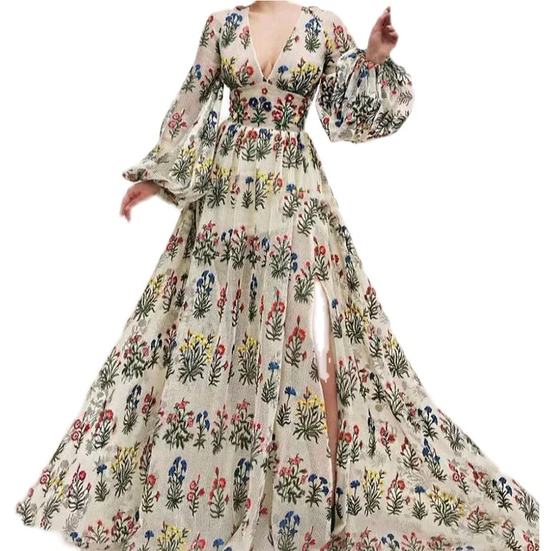 กระโปรงทรงเอเอวสูงผ้าโพลีเอสเตอร์ปักลายฉลุสไตล์ฤดูใบไม้ร่วง แขนยาว คอวี ทรงปรินเซส