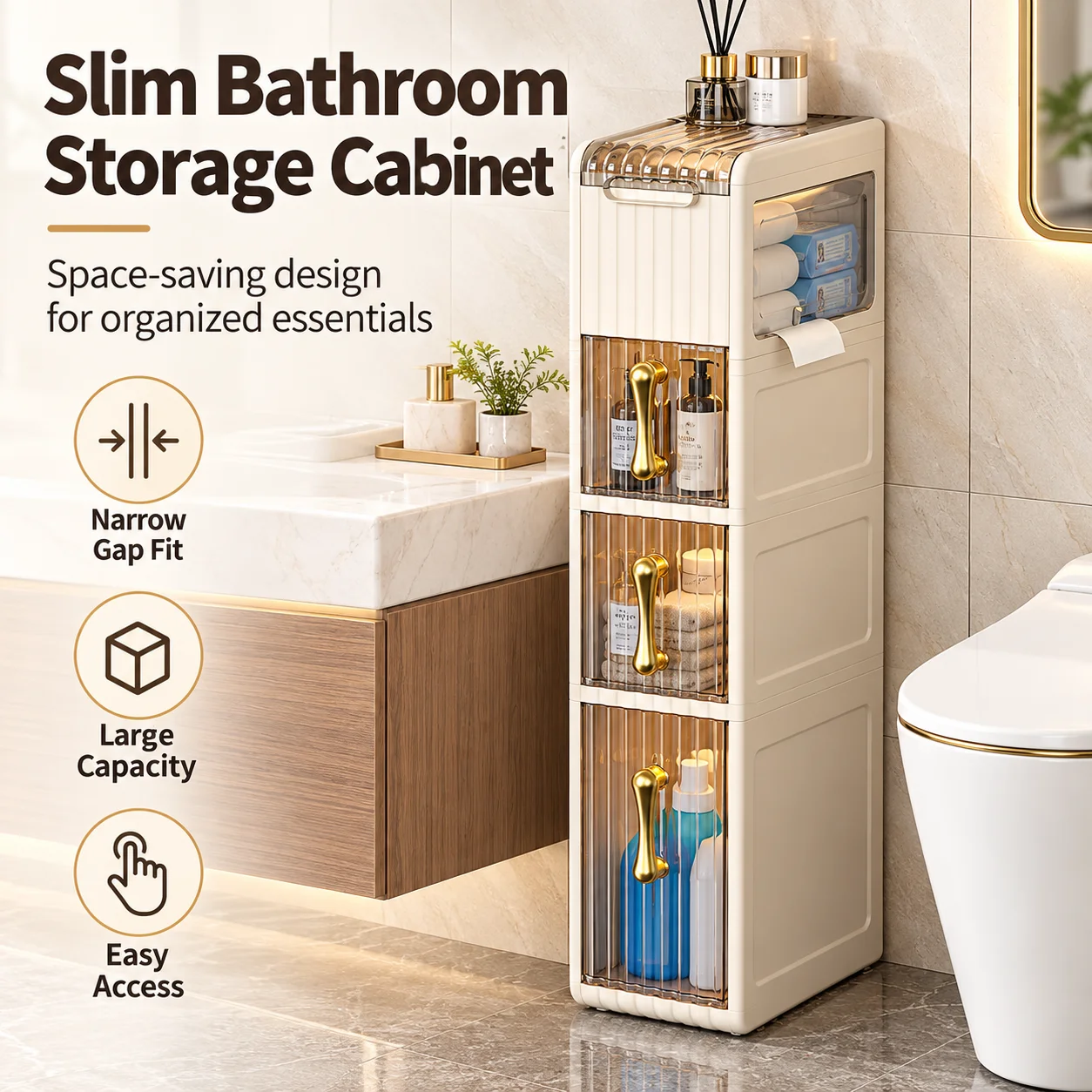 Freestanding Gap Storage Cabinet, Narrow Crevice Organizer Shelf for Bathroom Restroom