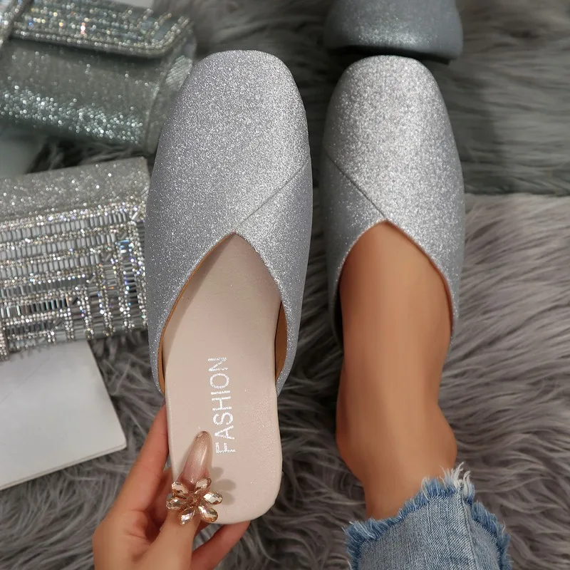 

2025 Spring Summer Women's Mules Elegant Square Closed Toe Flat Slippers Female Shoes Casual Lightweight Comfortable Slippers
