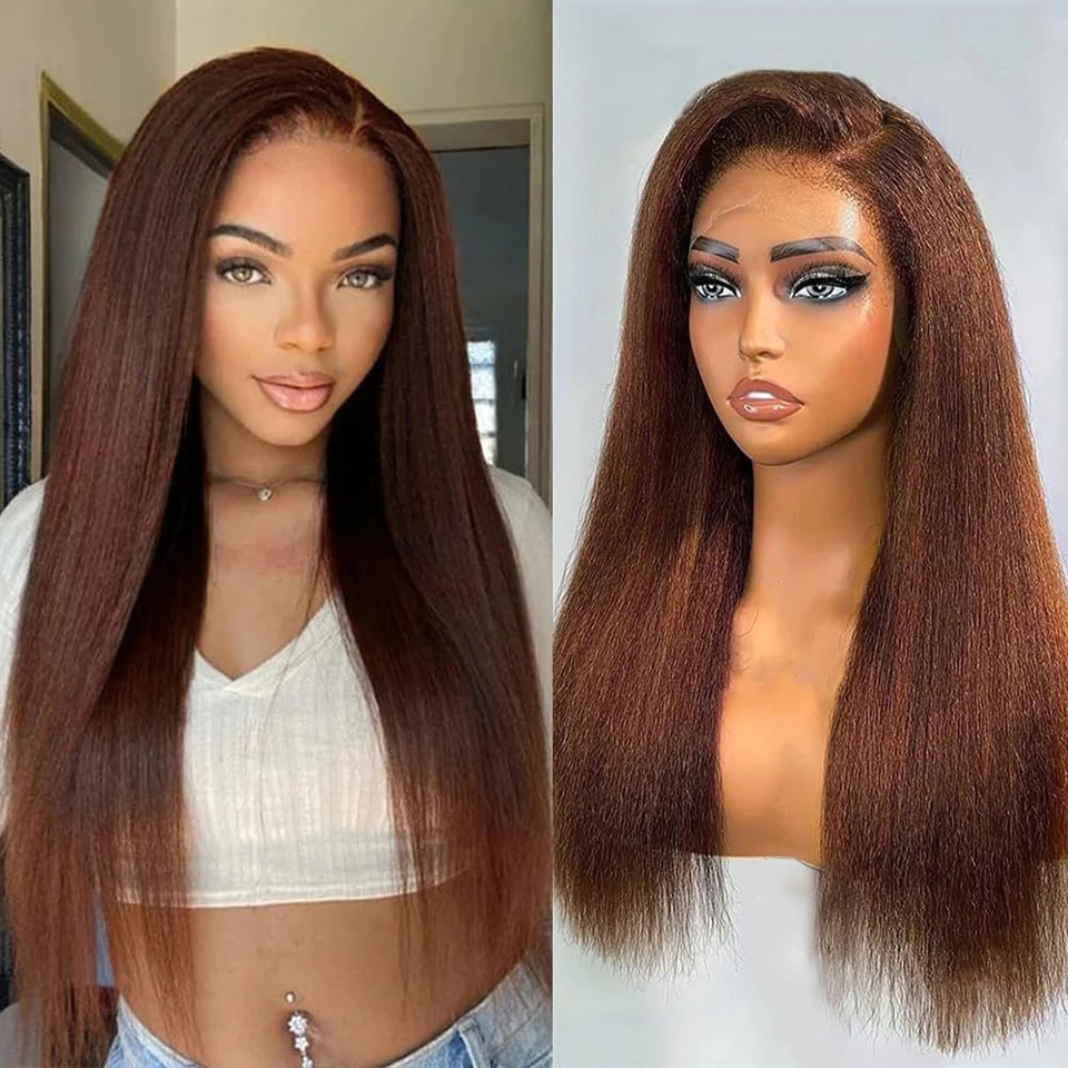 

250% Density Brown Kinky Straight Human Hair Wigs #4 Colored Raw Human Hair Front 13x6 Hd Lace Frontal Wig Glueless Wigs On Sale