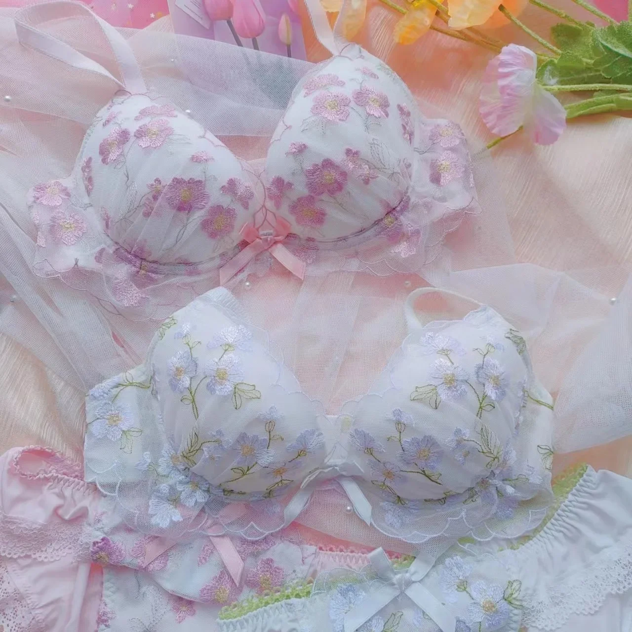 Home Set di reggiseno con anello in acciaio grande con cuore di pollo basso ricamato dolce giapponese per ragazze, comodo set di biancheria intima con chiusura laterale