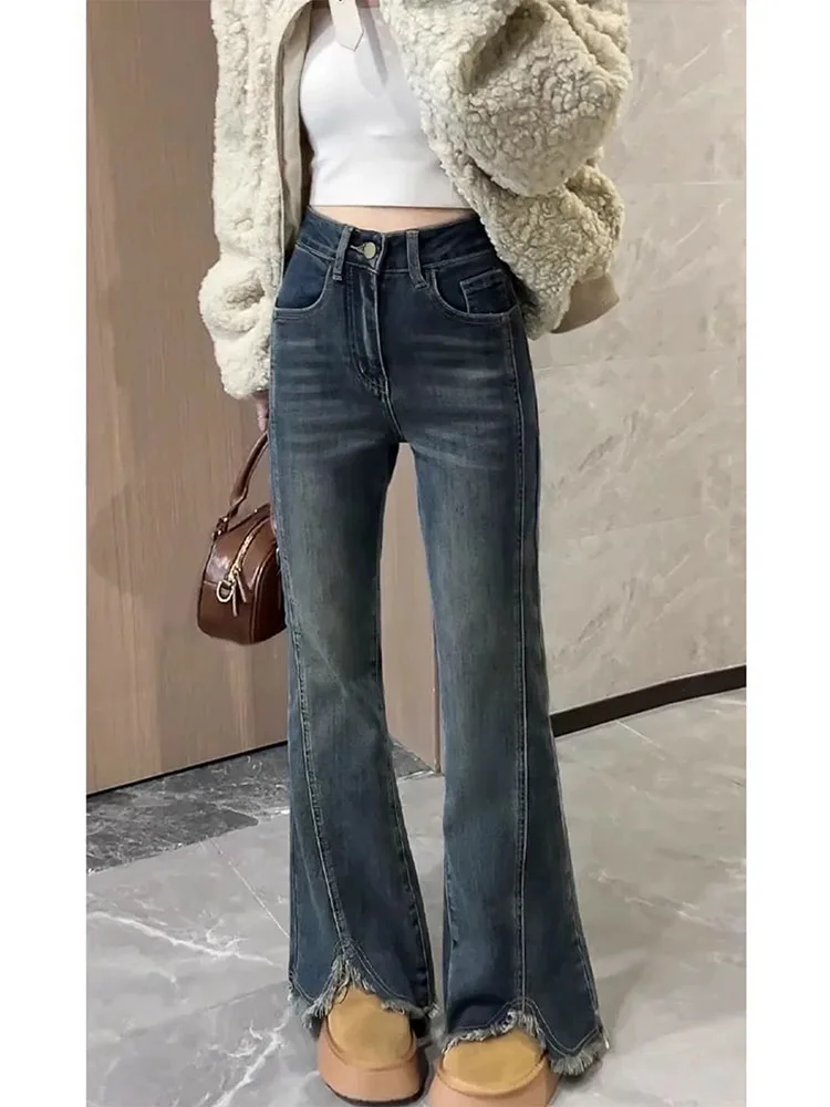 High Waist Flared Jeans Women's Stretchy Straight Leg Denim Pants Bootcut Floor-Length Trousers Autumn Faion plus Size