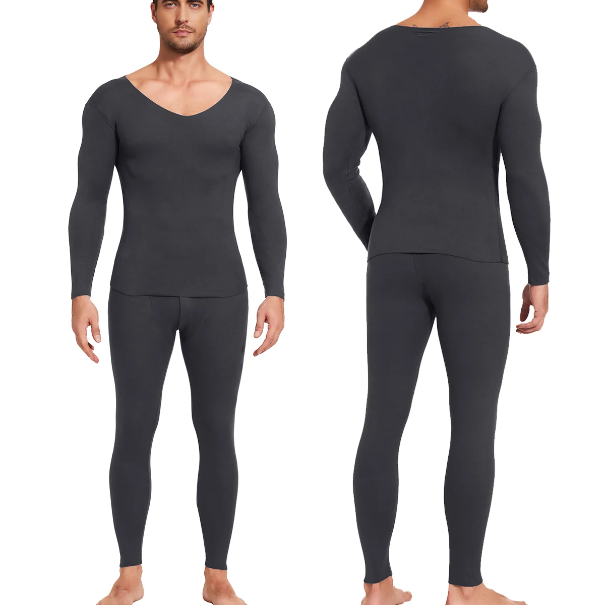 Mens V-neck Premium Thermal Underwear Suit Ultra Soft Long Johns Fleece Lined Keep Warm Base Layer Thermal Clothes Set of 2