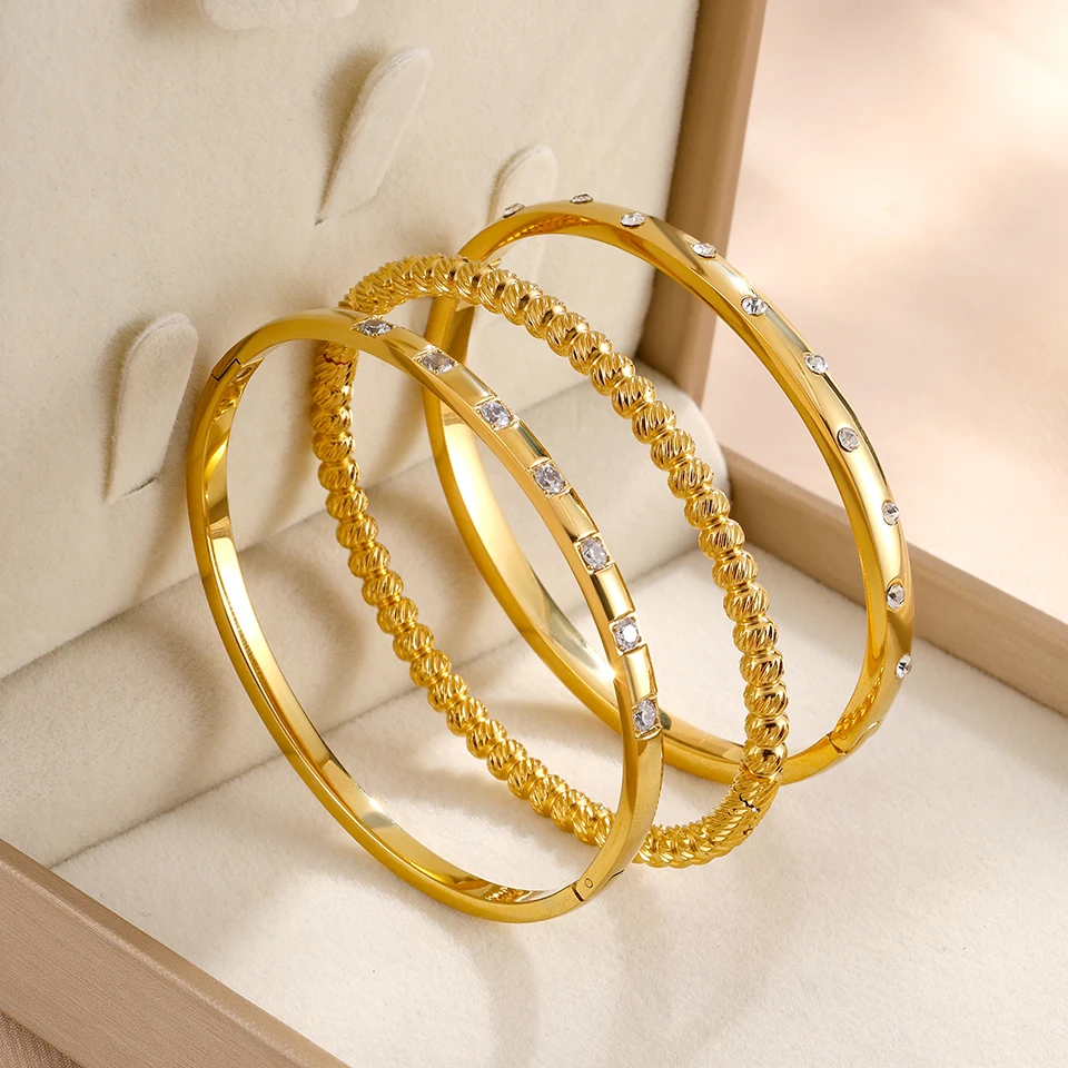 ZAKOL Stainless Steel Round Zircon Inlaid Bracelet Bangles for Women Three Colors Couple Holiday Gift Bracelet Party Daily Jewel