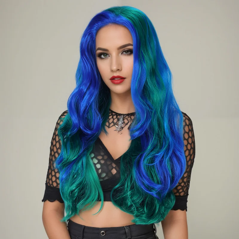 Synthetic long curly hair with blue highlights, natural and realistic lace part wig