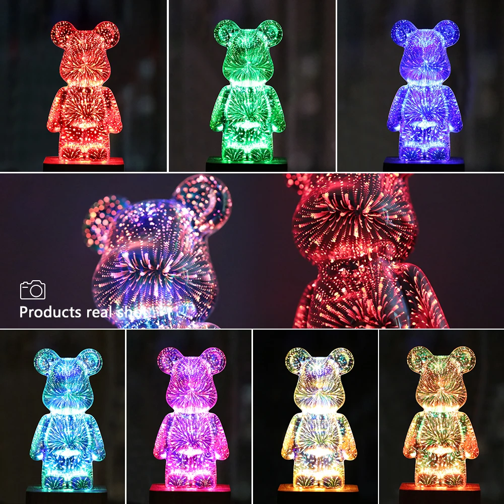 LED 3D 불꽃 곰 야간 조명, 색상 변경 가능 주변 램프, USB 프로젝터 램프, 침실 홈 룸 생일 어린이 선물