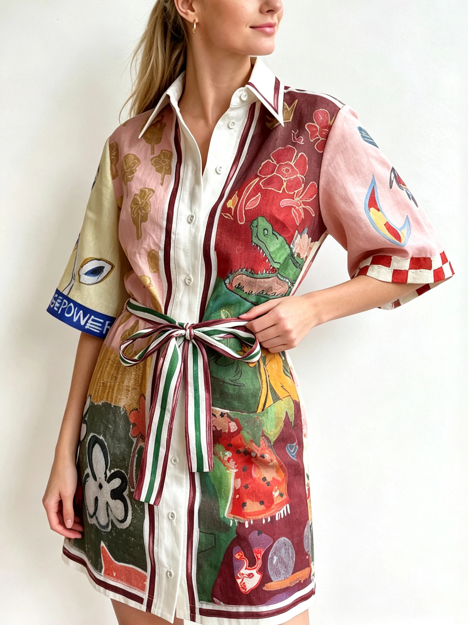 Art Painting Color Block Floral Print Linen Style Mini Shirt Dress Women Short Sleeve Vintage Holiday Bohemian Casual Wrap Dress