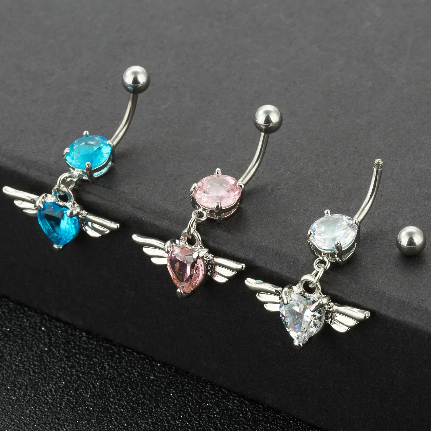 ثقب السرة من الفولاذ الزركون الوردي ، حلقات زر البطن بأجنحة زاوية ، مجوهرات الجسم ، جودة عالية ، موضة جديدة #2