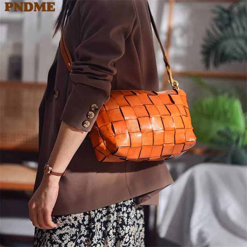 PNDME designer luxury genuine leather woven women\'s crossbody bag outdoor casual high quality real cowhide female shoulder bag