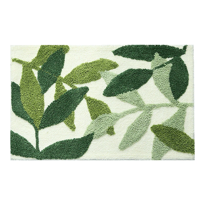 QNBHR Green Leaves Flocking Bath Mat Non-slip Absorbent Microfiber Bathroom Rug Home Entrance Door Mat Super Soft Bath Carpet