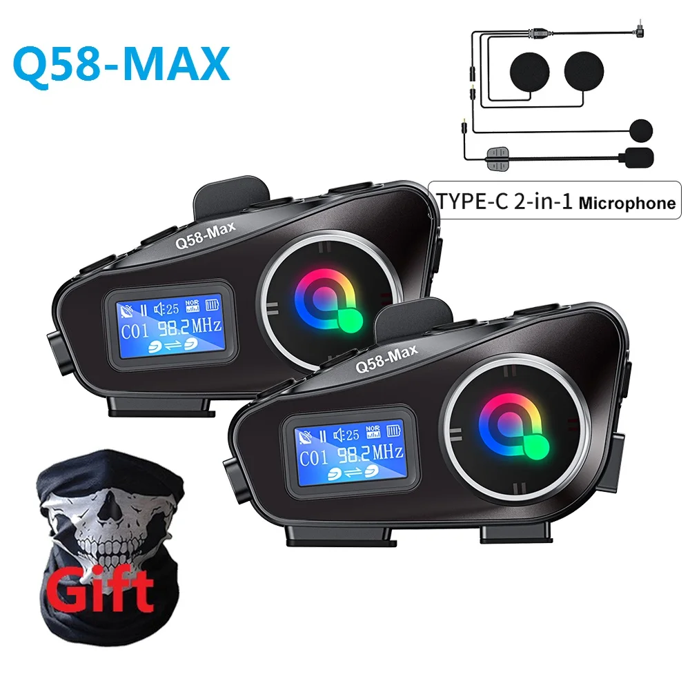 Q58 Max Motorcycle Helmet Bluetooth Intercom Multi-Scene Mixed Music Sharing IP65 Waterproof Intercom Distance 500 Meters +Gift