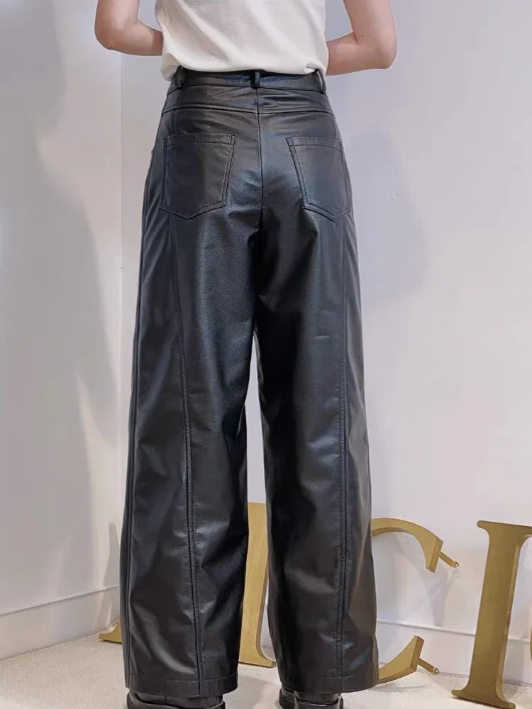 Leather Pants for Women 2025 New Korean Fashion Wide Leg Trousers Cowhide Female Pockets Casual Long Pantalones de Mujer