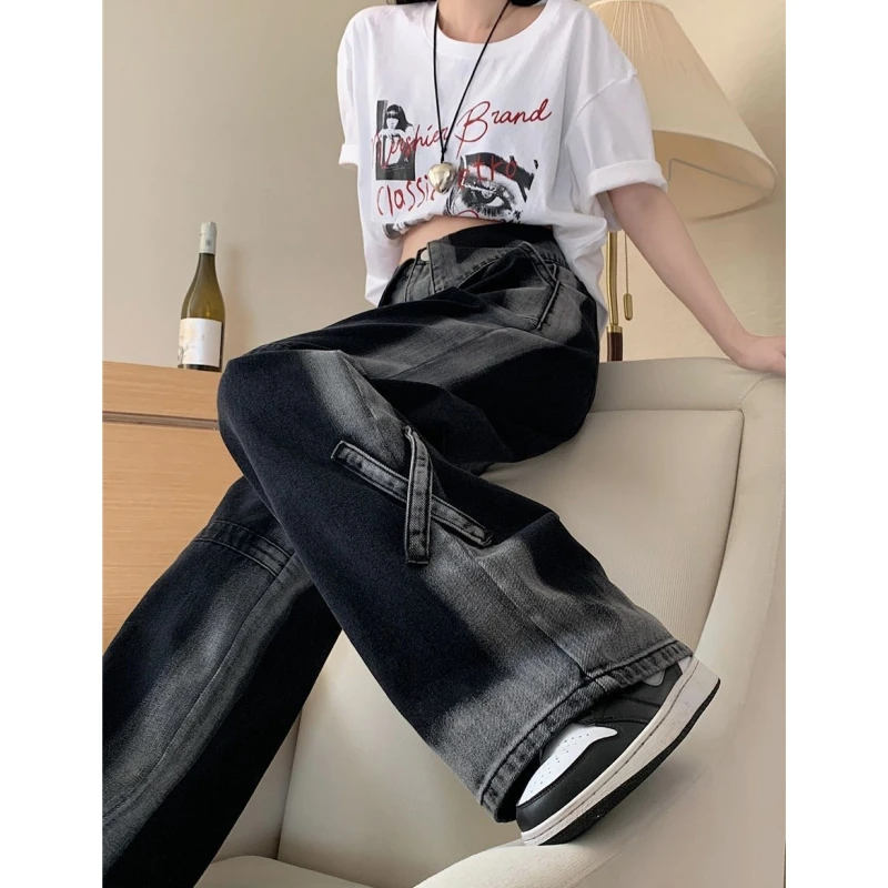 

Black Women Jeans Gradient Streetwear Vintage Fashion Y2K High Waisted Wide Leg Jean Female Trouser Hip Hop Baggy Denim Pants