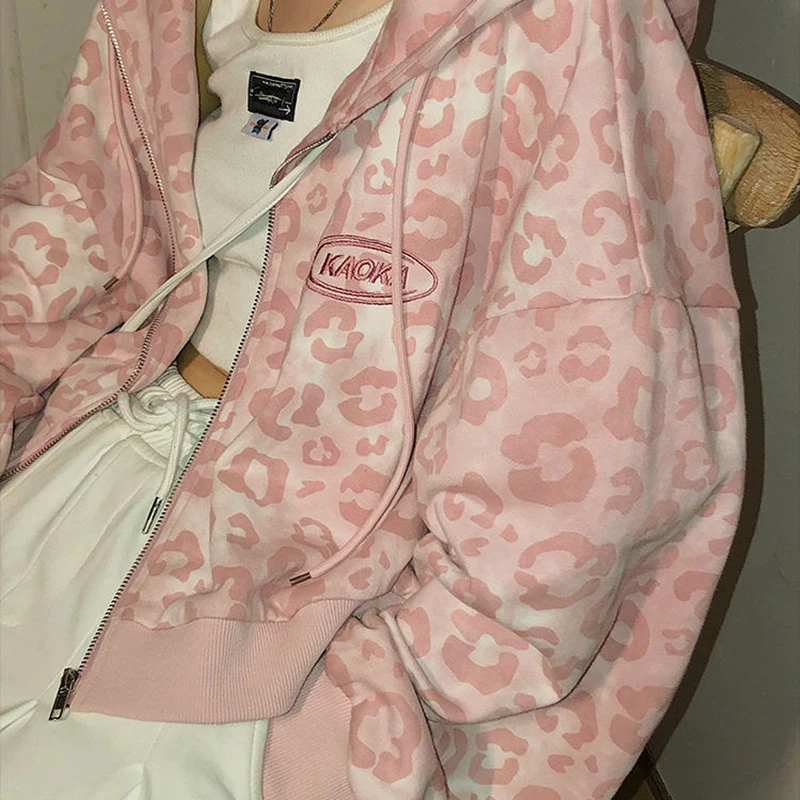 Preppy Style Pink Sweatshirts Leopard Print Y2K Harajuku Oversized Hoodies Women Vintage Casual Zipper Cropped Jacket Tops Cute