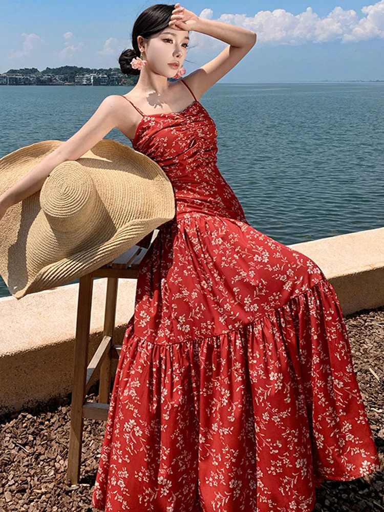 Elegant Boho Flowers PrintLong Dress Ladies Spaghetti Strap Sexy Bowknot Backless Pleated Slim Design Summer Beach Long Dress