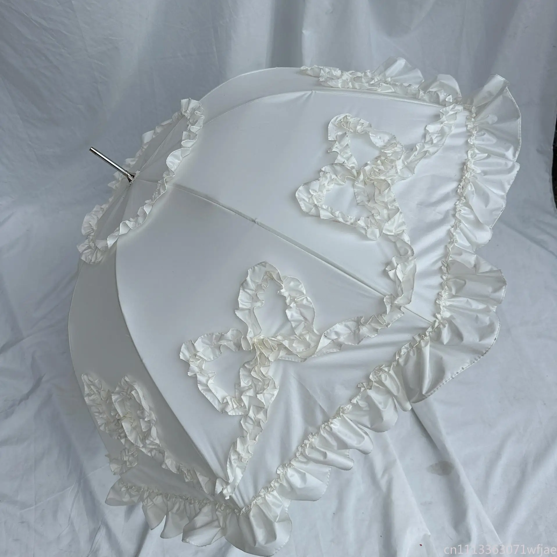 Sweet Birdcage Long Handle Decor Parasol, Manually Sewn Ruffle Bow Umbrella, Rain & Sun Dual Use