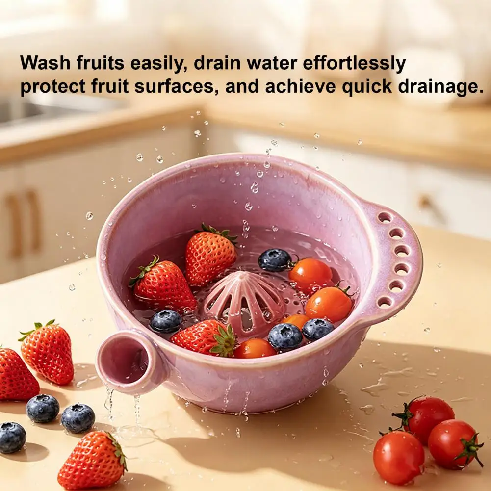 Berry Colander Ceramic Berry Washing Bowl with Detachable Juicing Cone Drain Rack Stoneware Fruit Rinse Basket for Kitchen
