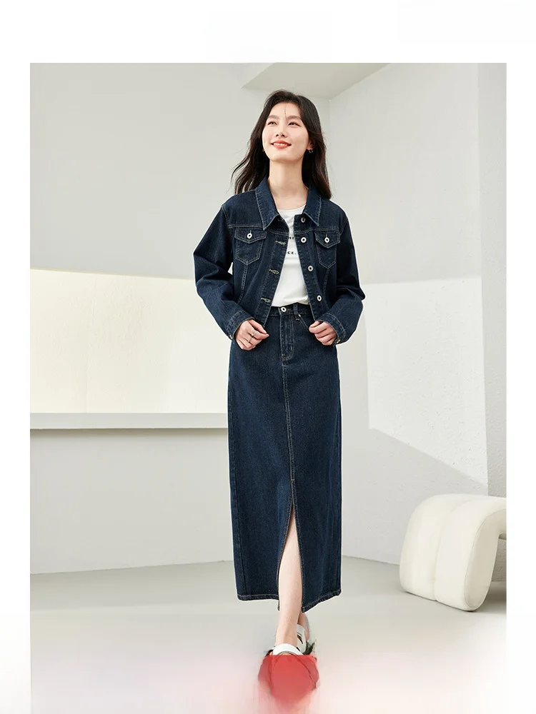

Fashion Casual Collared Denim Set Women's Whole Suit Slimming Two-Piece Ensemble High-End Feel Cotton Long Sleeve Button up