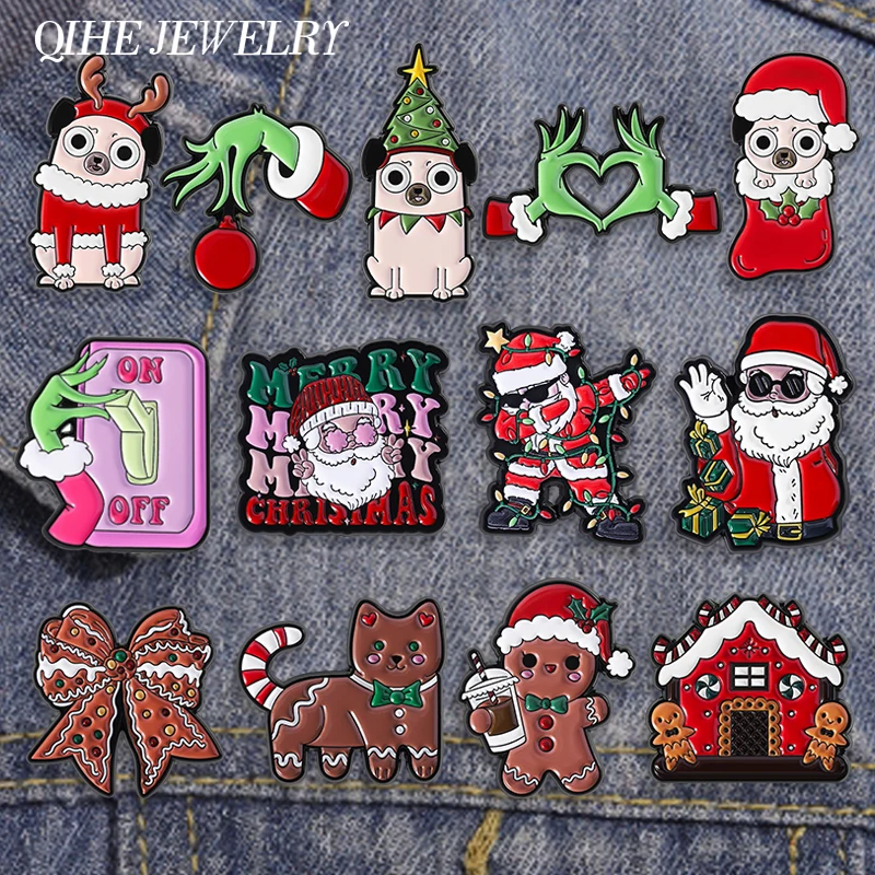 1-3 Teile/satz Weihnachten Santa Claus Lebkuchen Emaille Pins Grüne Hände Herz Geste Broschen Revers Abzeichen Schmuck Geschenk für Freunde