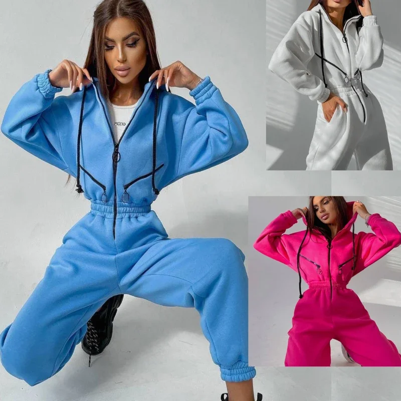 Women's Zipper Jumpsuit Long Sleeved Solid Color Sportswear Women's Winter Casual Sportswear Fashionable Hoodie