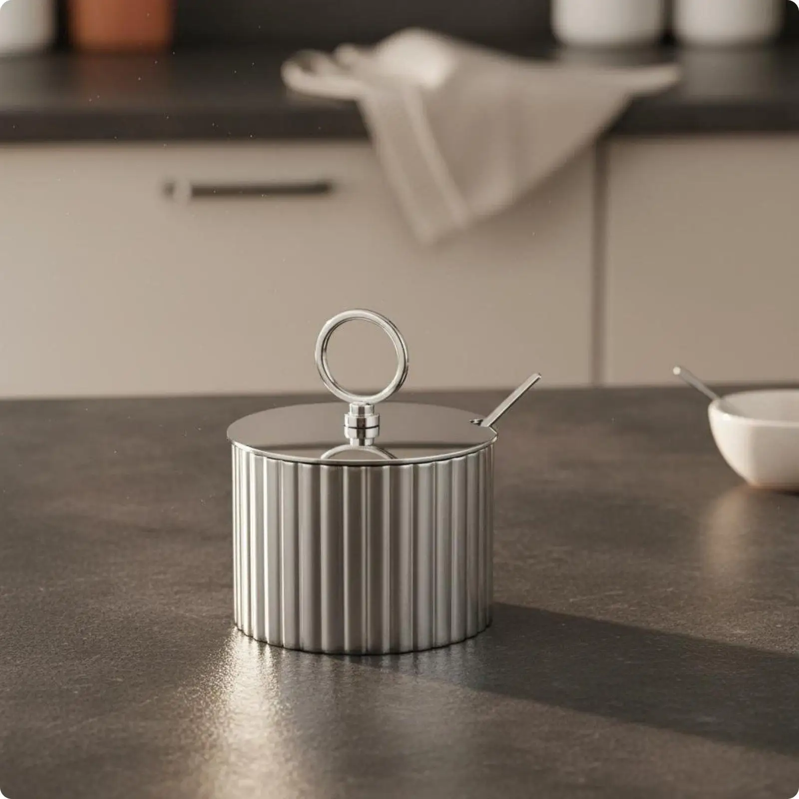 Nordic Stainless Steel Striped Spice Container with Spoon Kitchen Seasoning Jar Organizer for Salt Sugar Pepper Condiment