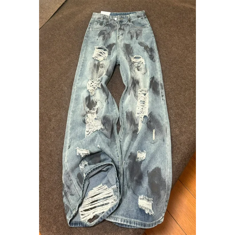 

American Retro Tie-Dye Distressed Wide Leg Jeans High Waist Loose Floor-Length Pants