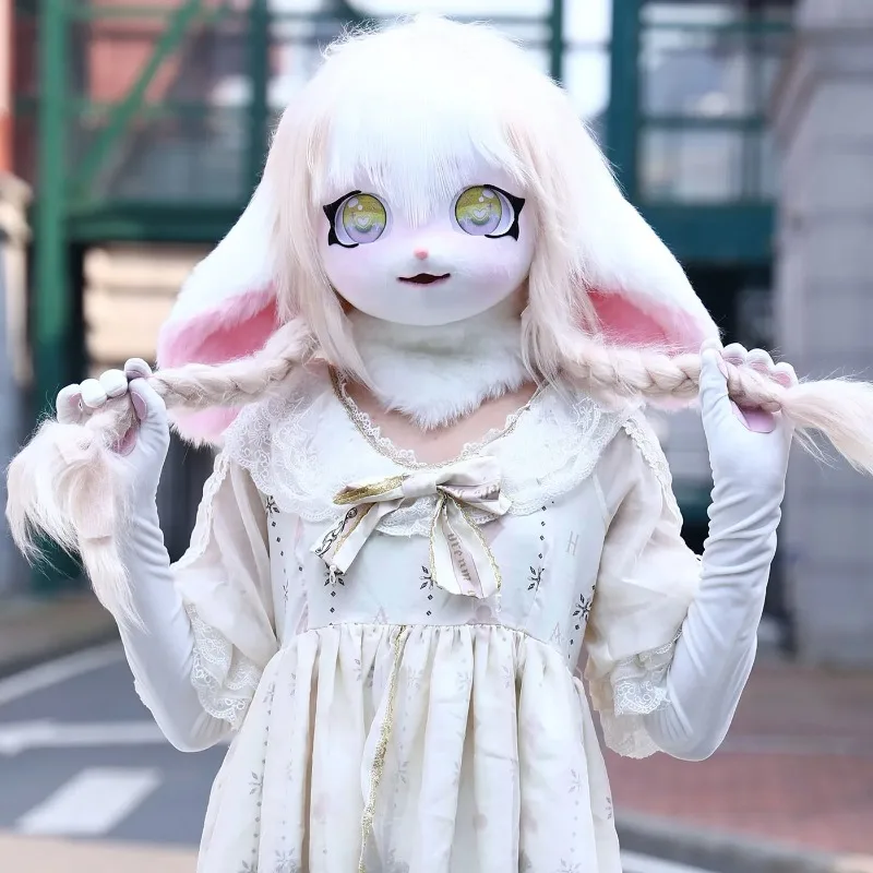 Fursuit cabeza Kigurumi Kig máscara peluda disfraz Cosplay pata cola Comiket cabeza peluda conejo muñeca Animal Cosplay disfraz chico regalo