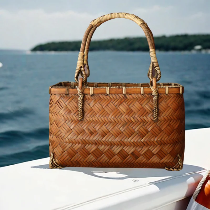

Fashion Handmade Bamboo Woven Women's Bag 2025 New Woven Women Handbag Summer Beach Bag Shopping Bag