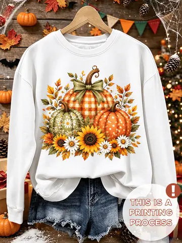 Plaid Pumpkin Sunflower Maple Leaf Graphic Crewneck Sweatshirt Creative Fall Pattern Print Long Sleeve Pullover Soft Versatile Casual Tops For Home Party Plus Size For Women Great Gift Local Warehouse Fast Shipping