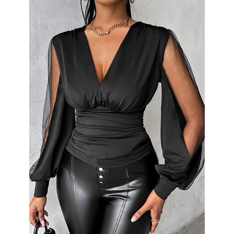 Summer Women's Elegant Solid Color Mesh Patchwork Top, Waist-controlled Fashion Versatile Commute Blouse