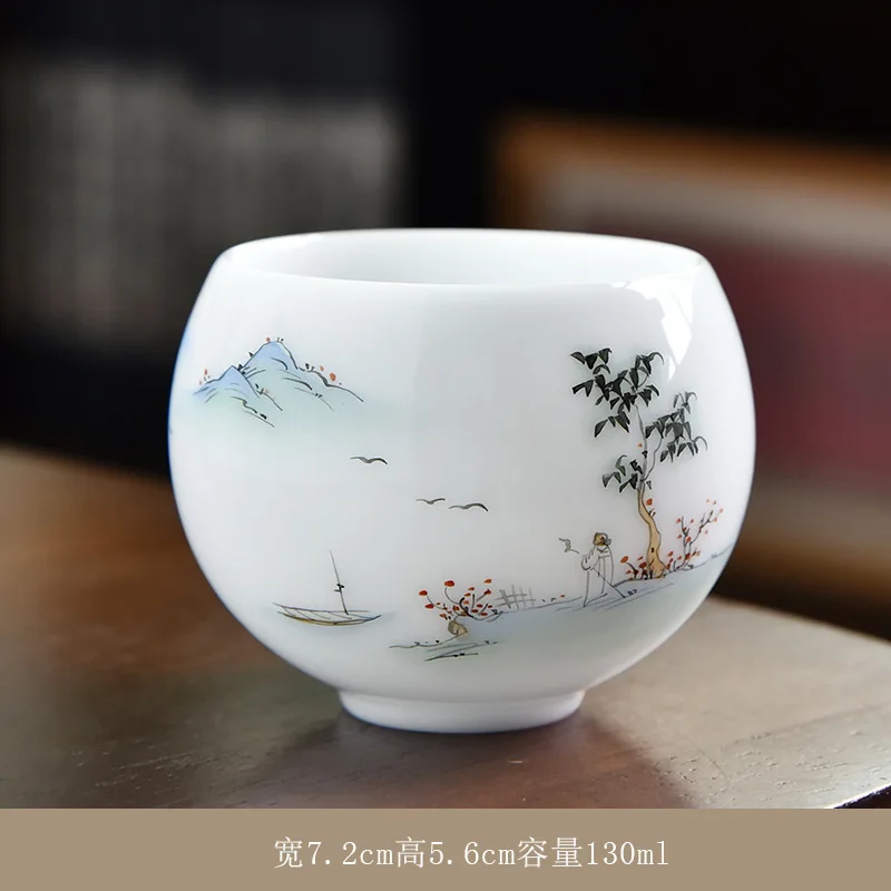 Ice Type Ceramic , Sheep Fat Jade Porcelain Hand-painted Master Single Cup, Large Size Tasting Tea Bowl, Household Kung F