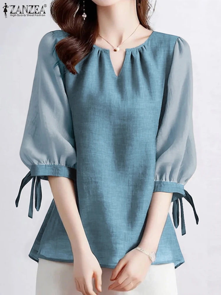 

ZANZEA модная блузка с пышными рукавами 3/4, цветные лоскутные топы, женские осенние элегантные повседневные рубашки с v-образным вырезом, 2025 винтажные корейские блузки