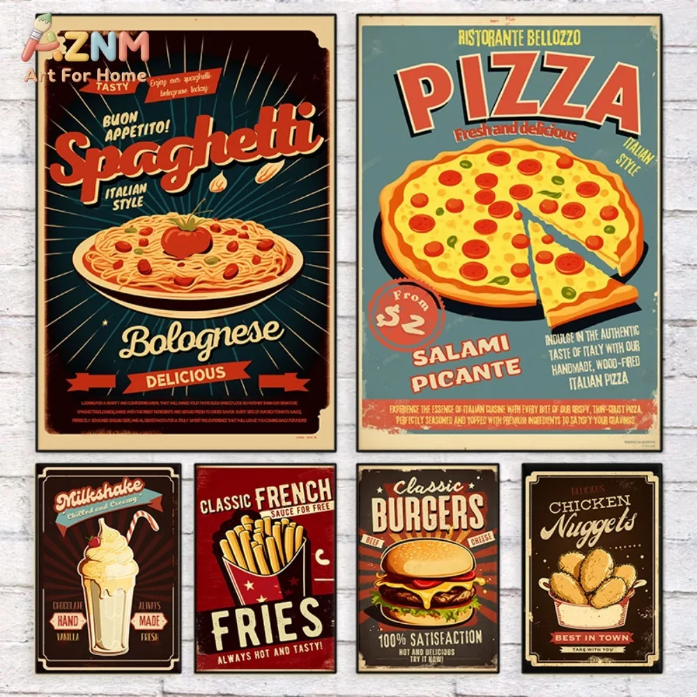 AZNM Vintage Fast Food Canvas Wall Art Pizza Spaghetti Burger Milkshake Retro Kitchen Restaurant Unframed Decor Print