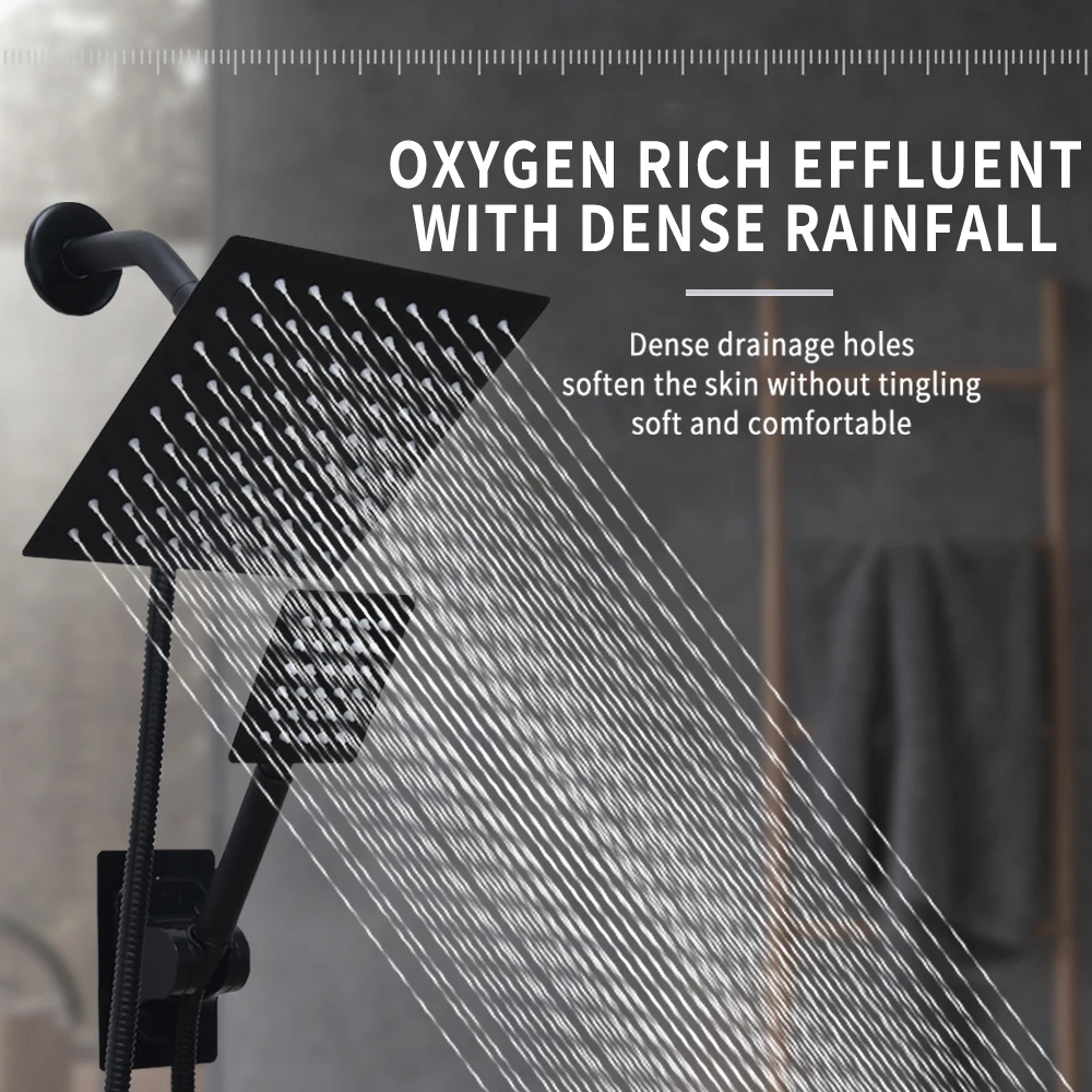 

High Pressure Square 8 Inch Rain Shower Head Shower Accessorie Bathroom Top Shower Head Set Black Handheld Shower Spray