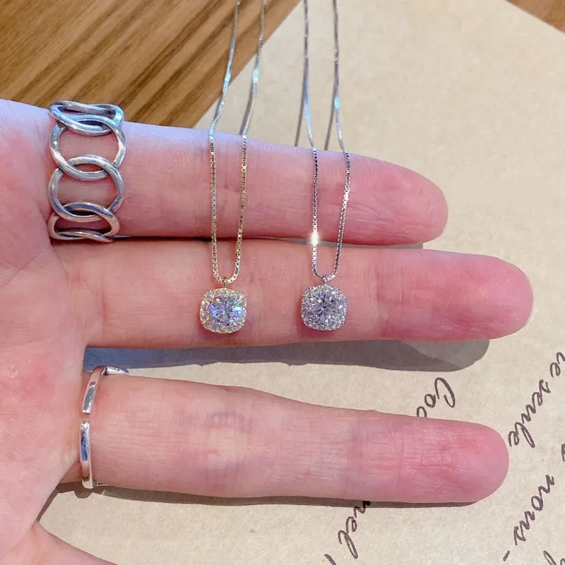 Luxurious Exquisite 925 Sterling Silver Square Zircon Pendant Necklace for Woman Shiny Collarbone Chain Jewelry Accessories Gift