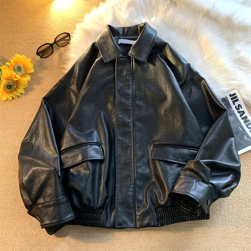 Retro American Biker Leather Jacket Men's Casual Spring Autumn Pocket Design PU Leather Jacket Youthful Vitality Style