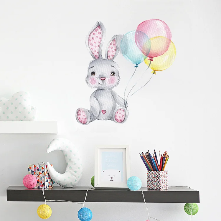 Cartoon bemalte Hasen-Ballon-Wandaufkleber für Kinderzimmer, Schlafzimmer, Wanddekoration, selbstklebende Dekor-Aufkleber – Detail 4
