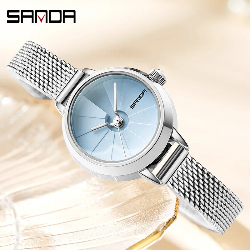 SANDA 1113 Reloj de cuarzo para mujer, relojes de oro rosa para mujer, moda informal, correa de cuero marrón, reloj resistente al agua, caja de regalo para mujer