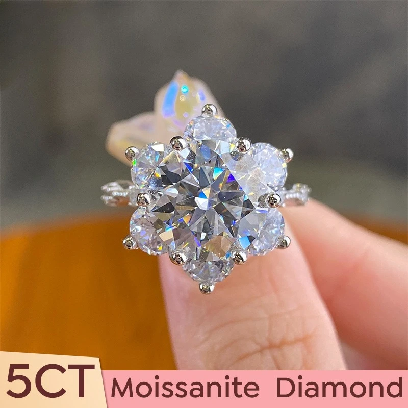 S925 Rhodium Plated Silver 5CT D Color Oversized Moissanite Sunflower Ring for Women, Engagement Proposal Jewelry