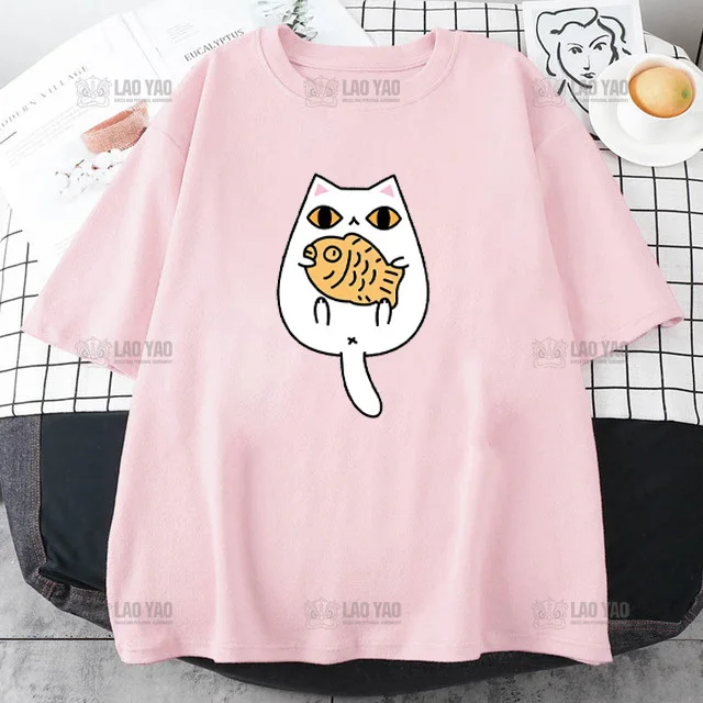 Taiyaki and Cat Kawaii Graphic Cotton Pink Tshirt Women Summer Tee Shirt Novelty Cute Fashion Lovely Print Streetwear Girl Tops