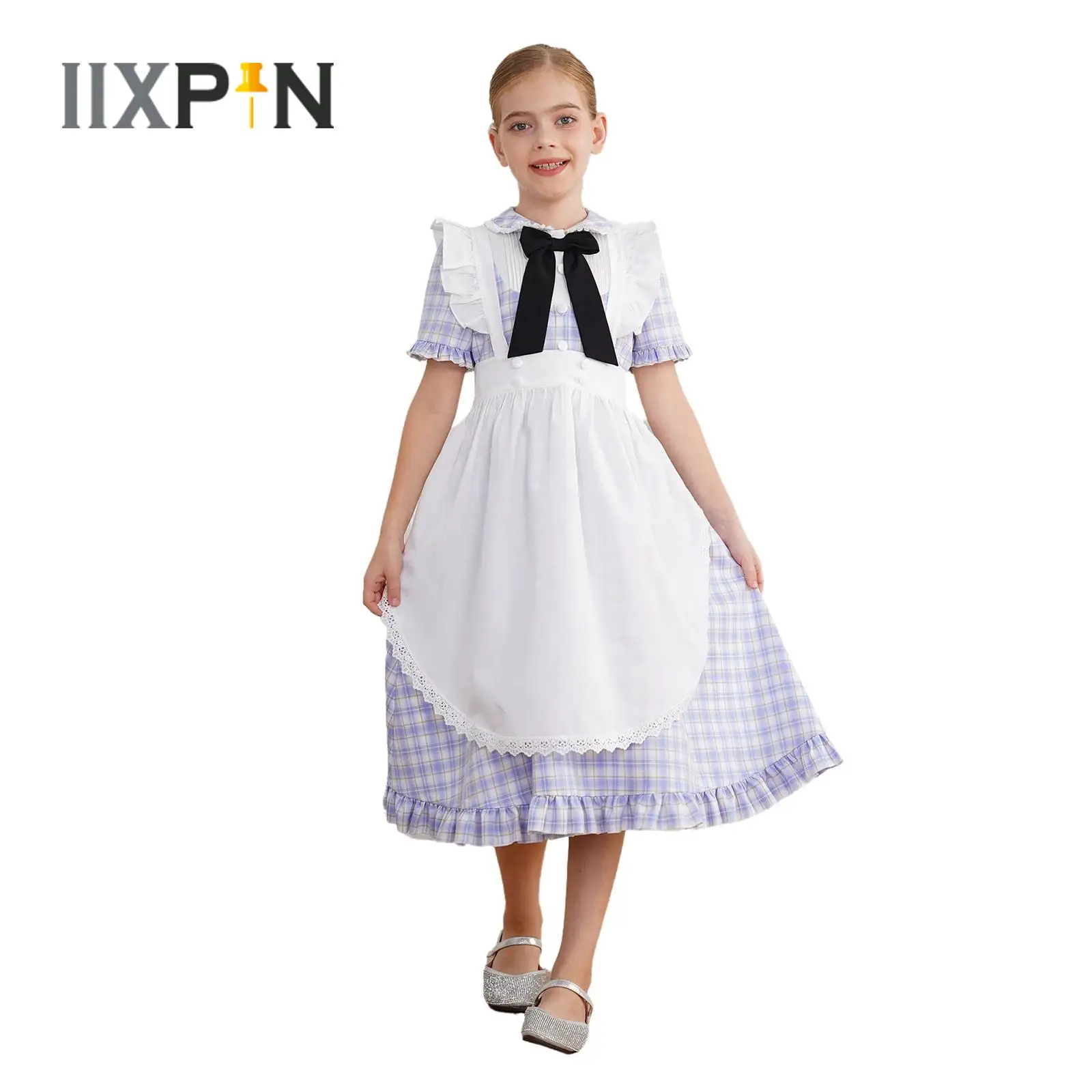 

Hot Girls Prairie Dress Pioneer Colonial Costume Sweet Puff Sleeve Ruffle Gingham Dress Carnival Halloween Cosplay Party Dresses